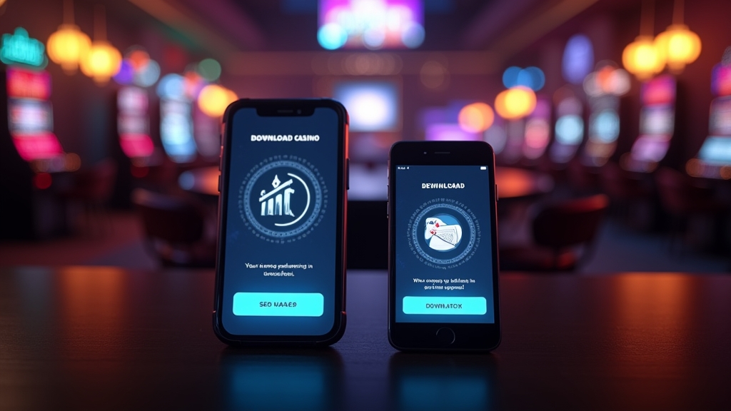 Smartphones mit App-Download auf Android und iPhone in dunkler Casino-Atmosphäre